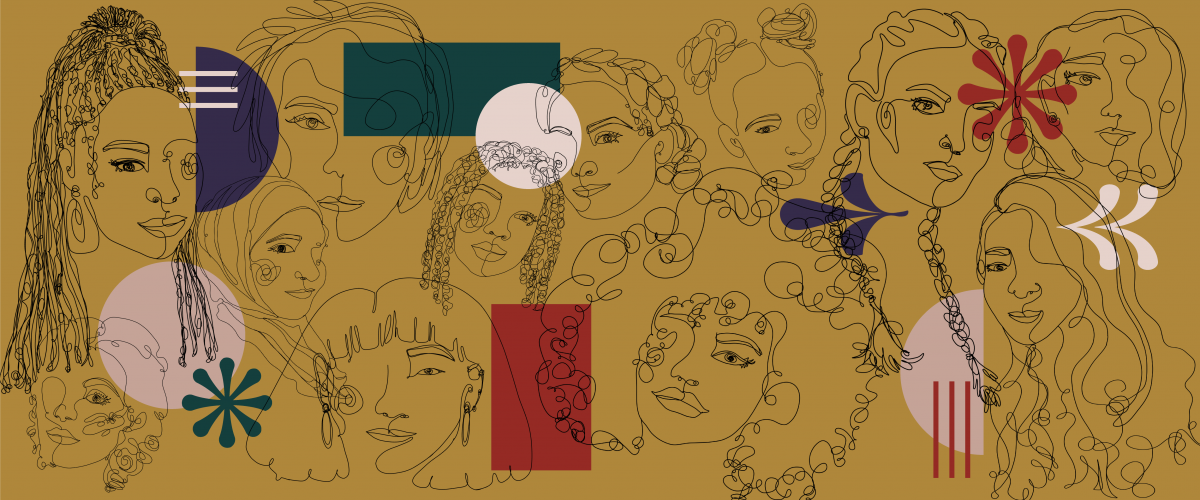 Line drawings of women's faces sit in front of a dark yellow background. Various shapes in red, pink and purple are mixed throughout.