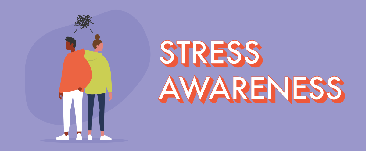 Graphic features "Stress Awareness" text and two people.