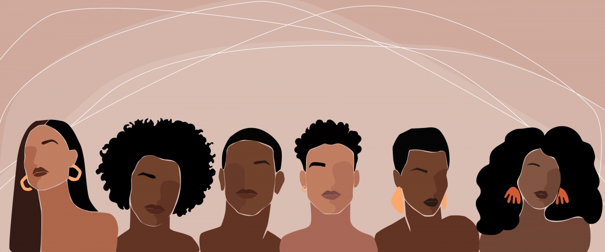 Six abstract drawings of Black women and men are in front of a pink background.