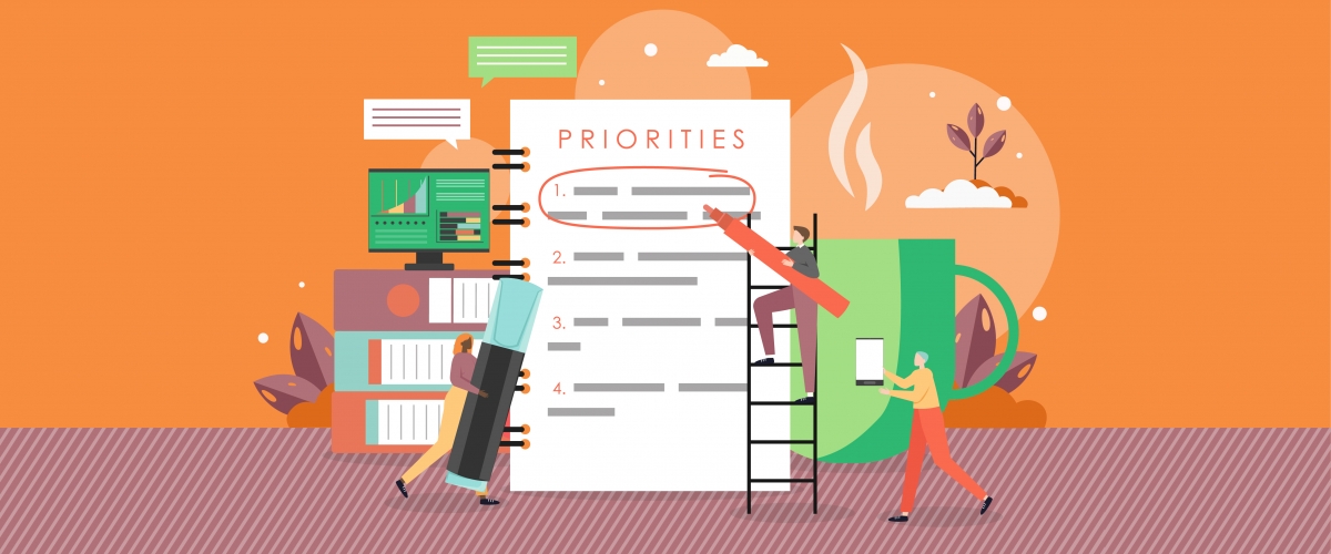 Graphic features three cartoon figures writing on a giant to-do list labeled "Priorities" with giant books, electronics, and a coffee cup in the background. 