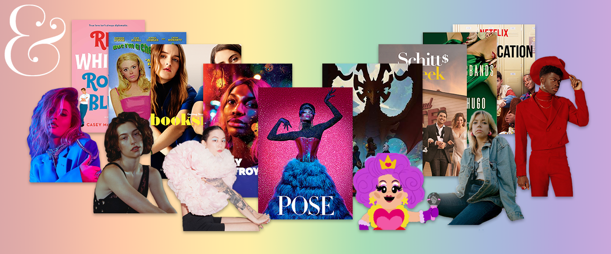 Graphic features a collage of book, movie and tv show covers, as well as cutouts of celebrity figures on a rainbow background.