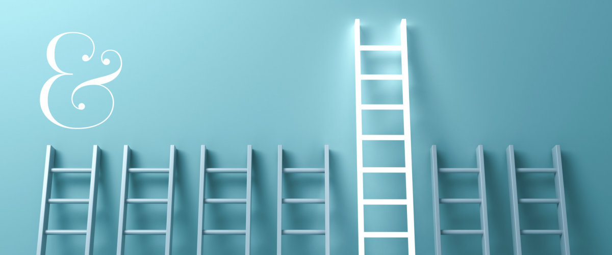 A row of blue ladders against a blue background, with one ladder glowing white and standing taller than the rest.