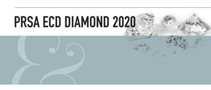 PRSA ECD Diamond 2020. Black texts is in front of a white background. The bottom half of the image is a light blue text. An ampersand is in the bottom left. Diamond images are in the top right. 