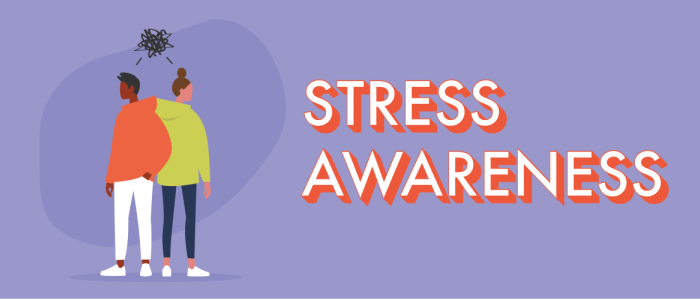 Graphic features "Stress Awareness" text and two people.
