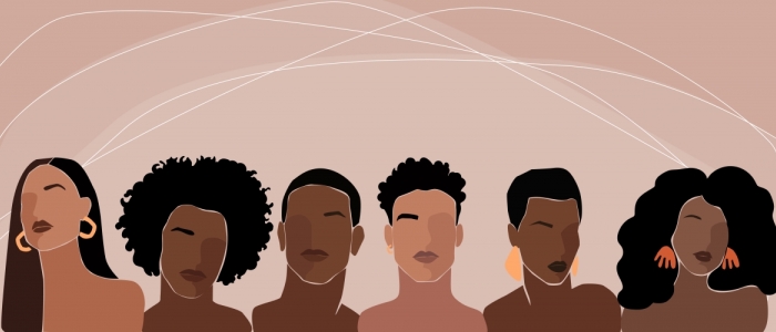 Six abstract drawings of Black women and men are in front of a pink background.
