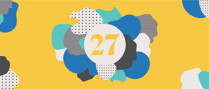 blue and yellow graphic that has the number 27 in the middle
