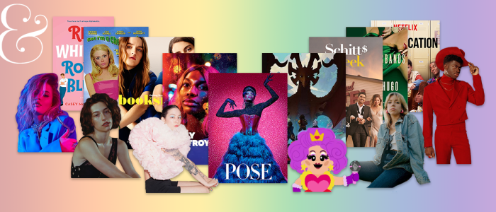 Graphic features a collage of book, movie and tv show covers, as well as cutouts of celebrity figures on a rainbow background.