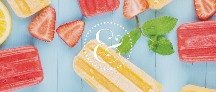 Graphic features the Piper & Gold logo on a blue background of strawberries and red and yellow popsicles.