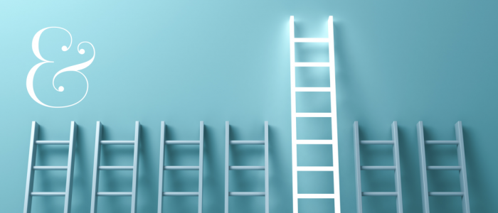 A row of blue ladders against a blue background, with one ladder glowing white and standing taller than the rest.